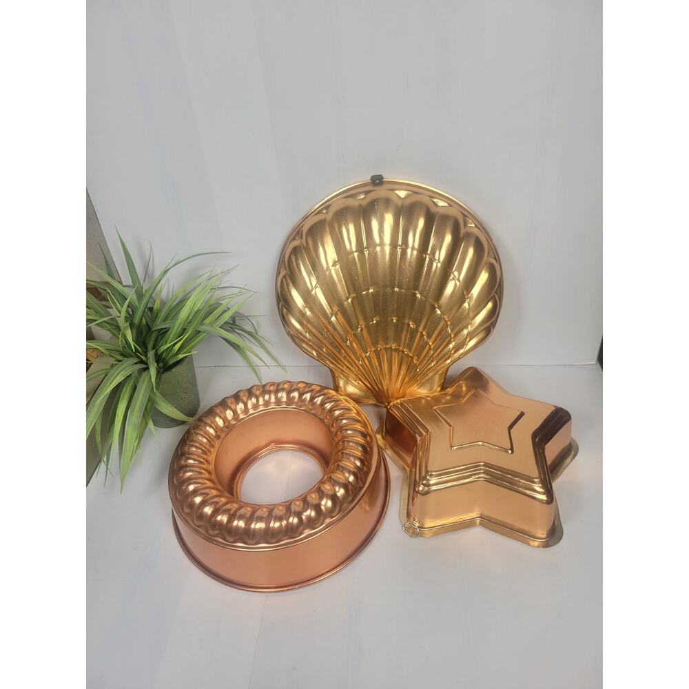 3 Vintage Gelatin Molds, Cake Pans, Copper Tone Star Shell Ring